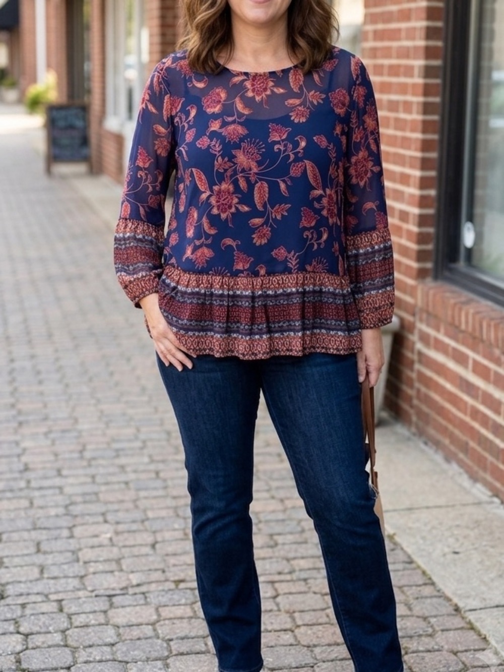 beachlunchlounge Navy Ruffle Hem Blouse with Floral Print
